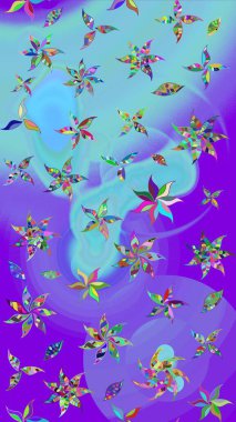 Moda baskıları için zarif bir şablon. Parlak renkli çiçekleri ve mor renkli yaprakları olan harika bir çiçek deseni. Modern çiçek arkaplanı. Halk stili.