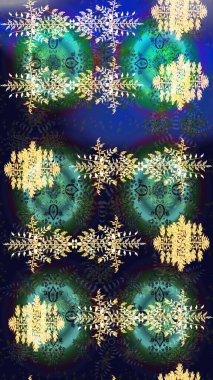 Kar taneleri radyal gri, mavi ve yeşil renkler. Renkli arka planda güzel kar taneleri. Raster illüstrasyonu..