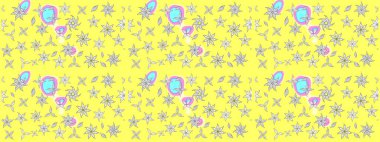 Çiçek desenli çizim. Sarı renkli çiçekler. Raster illüstrasyonu. Asya tekstil tarzında. Raster illüstrasyonu.