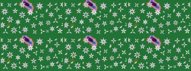 Tekstil için suluboya eskiz deseni. Şirin çiçekli, desenli, yeşil renkli bir eskiz deseni. El çizimi çiçek çizimi deseni (fayans)).