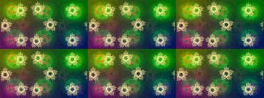 Raster illüstrasyonu. Noel ve yeni yıl moda baskıları için tatil tasarımı. Kar tanelerinin soyut arkaplanlı Noel şablonu. Yeşil, mavi ve kahverengi kar taneleri.