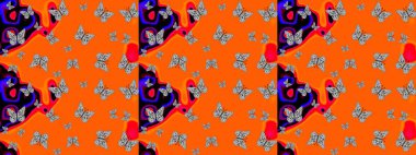 Turuncu arka planda kelebek deseni. Kumaş, Tekstil, Baskı ve Davetiye için arka plan. Raster illüstrasyonu.