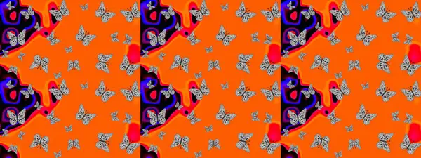 Turuncu arka planda kelebek deseni. Kumaş, Tekstil, Baskı ve Davetiye için arka plan. Raster illüstrasyonu.
