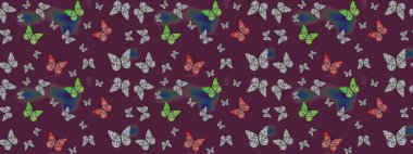 Kahverengi üzerine kelebek bezi şablonu. Uçan kelebek keten temalı Raster çizimi. Davetiye, kart ve parmak izi için basit kadınsı bir model. Giysiler için böcek kumaşı klipsleri tekrarlanıyor.