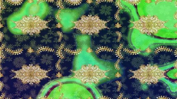 Kraliyet lüksü, altın barok kumaş rengi eskiz. Raster eskiz deseni altın antika ortaçağ dekoratifi, yapraklar ve yeşil renkli altın desenli süslemeler..