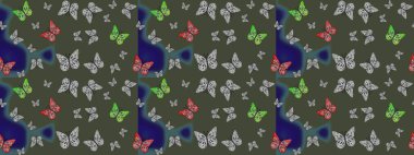 Egzotik Kelebekli Tropik çizim modeli. Yeşil renkli illüstrasyon. Moda Kumaşı Tasarımı. Raster..