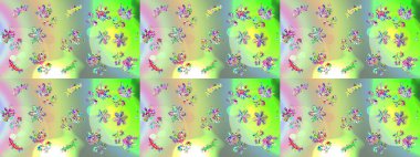 Raster - stok. Kusursuz bir arka plan modeli. Suluboya, elle çizilmiş. Vadinin çiçekleri yeşil, nötr ve mavi renklerde.