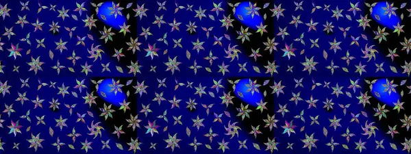 El çizimi çiçek unsurları olan soyut çizim raster deseni. Çiçekli ipek eşarp. Mavi maviye. Retro tekstil tasarım koleksiyonu. 1950 'ler-1960' lar motifleri.