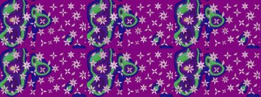 Raster illüstrasyonu. Şirin çiçekli eskiz deseni ve mor renkli yapraklar, suluboya çiçek deseni, duvar kağıdı, kart veya kumaş için fayanslı.