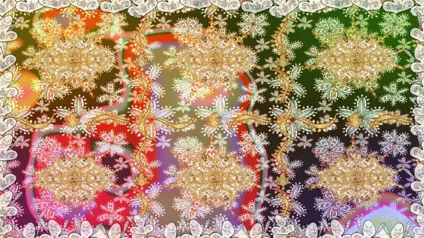 Duvar kâğıdı için altın süslü bir illüstrasyon. Doğu tarzında klasik tasarım öğesi. Çiçekli süslemeli, pürüzsüz bir desen. Süslü dantel iz sürücü. Tarafsız renkler üzerine geleneksel Arapça dekor.