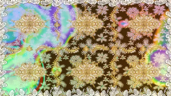 Tarafsız renklerde, altın elementlerle kusursuz desen. Doğu tarzı arabesk. Parlak dantel, stilize çiçekler, şal desenli. Hassas altın deseni açın. Raster. Kusursuz altın dokular bukleler.