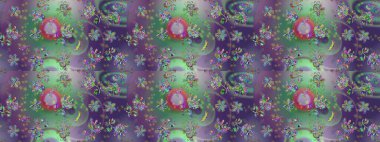 Çiçekli karalama şeklinde Raster çiçek deseni. Yumuşak, yaz çiçekli arka plan. Mor, yeşil ve nötr renkte çiçekler.