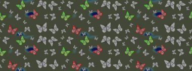 Bahar ve yaz tasarımı için renkli bir arkaplan. Elle çizilmiş illüstrasyon. Kelebekli çizim şekli. Raster renklendirilmiş sonsuz doku.