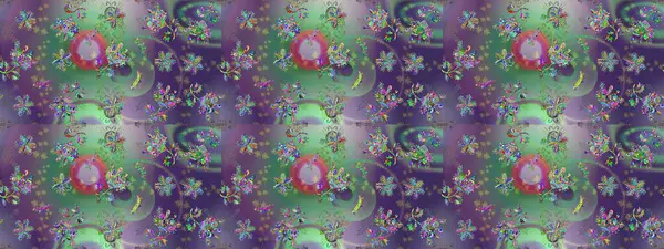 Çiçekli karalama şeklinde Raster çiçek deseni. Yumuşak, yaz çiçekli arka plan. Mor, yeşil ve nötr renkte çiçekler.
