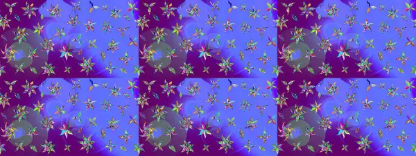 Motley illüstrasyonu. Küçük renkli çiçekler. Küçük çiçekte güzel bir desen. Moda baskıları için zarif bir şablon. Menekşe çiçekli bahar çiçekleri.