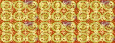 Kar tanelerinin soyut arkaplanlı Noel şablonu. Noel ve yeni yıl moda baskıları için tatil tasarımı. Raster illüstrasyonu. Sarı, turuncu ve nötr kar taneleri.