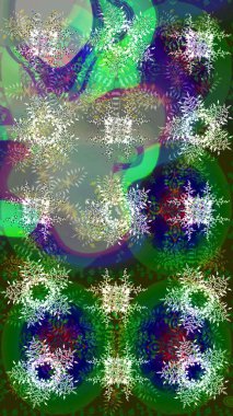 Raster Noel soyut renkli arka plan ve tatlı kar tanesi. Farklı kar taneleri toplayıcısı, yeşil, nötr ve gri renklerde kış elementleri..