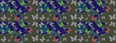 Bahar Kelebeği teması. Sonsuz. Çizim, karalama, karalama. Giysi kumaşı için böcek dokusu parçası tekrarlanıyor. Raster illüstrasyonu. Yeşil renkteki kelebek kumaşı harika bir taslak..