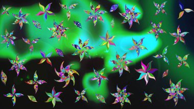 Düz Çiçek Elementleri Tasarımı. Yeşil renkli çiçekler. Renkli Bahar Teması eskiz kalıbı. Raster illüstrasyonu. Asya tekstil tarzında. Çiçek desenini çiz.