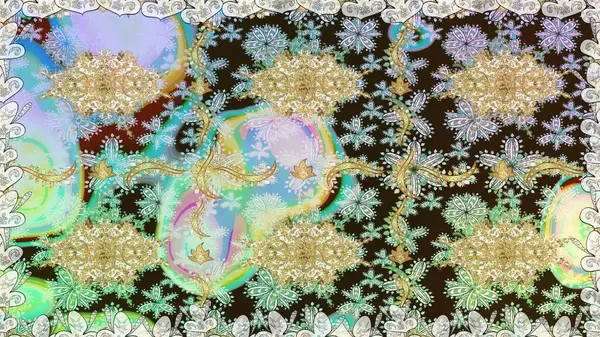 Damask kusursuz yinelenen arkaplan. Barok tarzında altın çiçekli süs. Doku arka planında altın duvar kâğıdı. Tarafsız renklerde altın element.