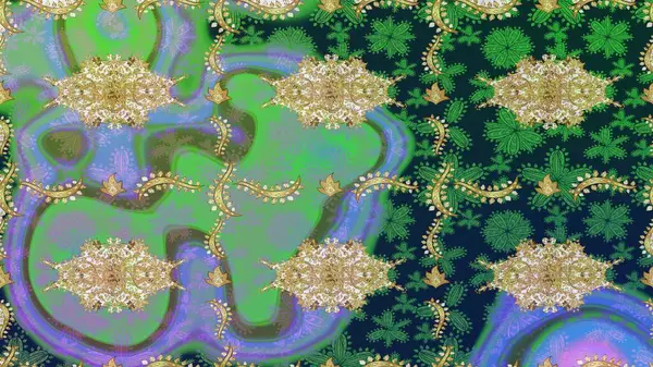 Raster geleneksel altın eskiz deseni yeşil renklerde. Barok tarzında eskiz doğulu süsü..