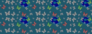 Robot resim. Raster illüstrasyonu. Mavi arka planda renkli kelebek koleksiyonu. Kart, baskı ve davetiye için basit kadınsı bir model. Kağıt, kumaş ve ambalaj için uygun.