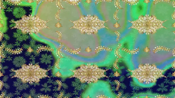 Raster illüstrasyonu. Oriental raster klasik yeşil ve altın desenli. Soyut arkaplan çizimi.