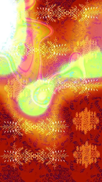 Raster illüstrasyonu. Kırmızı, turuncu ve sarı renkler. Noel ve yeni yıl moda baskıları için tatil tasarımı. Kar tanelerinin soyut arkaplanlı Noel deseni.