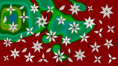 Bir sürü kırmızı ve soyut çiçekli tropik eskiz deseni. Küçük çiçekteki sevimli çiçek deseni. Renkli raster çizimi çizimi.