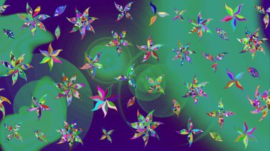 Mavi renkli çiçekler. Hediye ambalaj kağıdı, tebrik kartları, posterler ve pankart tasarımı. Raster düz çiçek çizim deseni.