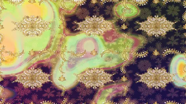 Tarafsız renklerde altın element. Barok tarzında altın çiçekli süs. Doku arka planında altın duvar kâğıdı. Damask çizimi yinelenen arkaplan.