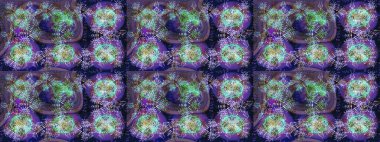 Raster illüstrasyonu. Mor, gri ve mavi kar taneleri. Kar tanelerinin soyut arkaplanlı Noel şablonu. Noel ve Yeni Yıl moda baskıları için tatil tasarımı.