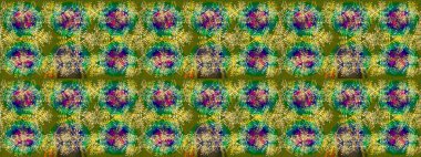 Raster illüstrasyonu. Kar tanelerinin soyut arkaplanlı Noel şablonu. Noel ve yeni yıl moda baskıları için tatil tasarımı. Yeşil, kahverengi ve sarı kar taneleri.