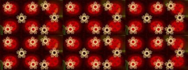 Kırmızı, kahverengi ve siyah kar taneleri. Raster illüstrasyonu. Kar tanelerinin soyut arkaplanlı Noel şablonu. Noel ve Yeni Yıl moda baskıları için tatil tasarımı.