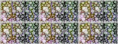 Raster illüstrasyonu. Moda arka planında parlak buketler. Sevimli, pürüzsüz desenli, küçük çiçekli, klasik tarzda. Kumaş, duvar kâğıdı ve kağıda yazdırmak için gelişen arkaplan.