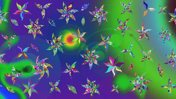 Raster - stok. Eskiz arkaplan modeli. Yapraklı çiçekler ve yeşil renkli papatya çiçekleri..