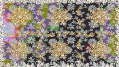 Altın karalama fantezi yapraklarından ve gri renkli çiçeklerden Raster soyut çiçek çelengi. El yapımı dekoratif çerçeve, albüm kapağı, tebrik kartı, klasik Art deco tarzı.