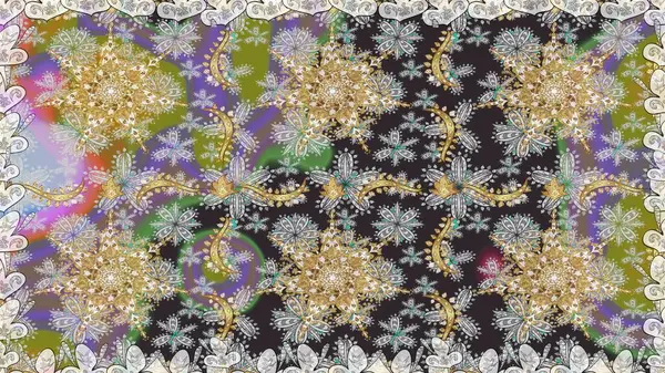 Altın karalama fantezi yapraklarından ve gri renkli çiçeklerden Raster soyut çiçek çelengi. El yapımı dekoratif çerçeve, albüm kapağı, tebrik kartı, klasik Art deco tarzı.