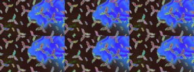 Kahverengi, mavi ve mor kar taneleri. Noel ve yeni yıl moda baskıları için tatil tasarımı. Raster illüstrasyonu. Renkler. Kar tanelerinin soyut arkaplanlı Noel deseni.