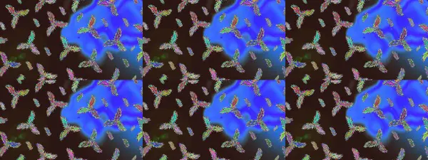 Kahverengi, mavi ve mor kar taneleri. Noel ve yeni yıl moda baskıları için tatil tasarımı. Raster illüstrasyonu. Renkler. Kar tanelerinin soyut arkaplanlı Noel deseni.