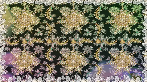 Gri renklerde, altın elementlerle kusursuz desen. Doğu tarzı arabesk. Hassas altın deseni açın. Kusursuz altın desenli bukleler. Parlak dantel, stilize çiçekler, şal desenli. Raster..