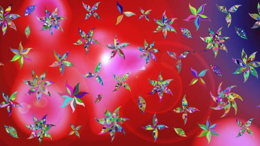 Çok renkli küçük çiçekler ve kırmızı renkli komik böcekler, raster desen, illüstrasyon.