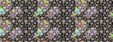 Çiçek duvar kâğıdı. Siyah renkli şirin tekstil. Çiçek arkaplan. Renkli çizim kalıbı. Raster illüstrasyonu.