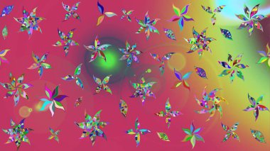 Çok renkli zarif küçük çiçekler ve pembe renkli komik böcekler, raster desen, illüstrasyon.