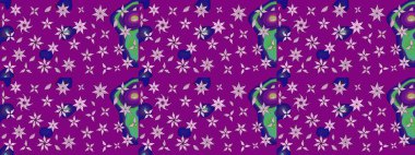 Suluboya elle çizilmiş çiçek desenli eskiz deseni. Parlak renkli fantezi çiçekleri, yapraklar, mor renkli tomurcuklar.