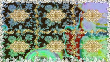 Altın elementlerle nötr renklerde altın desen. Süslü raster dekorasyonu. Barok tarzında duvar kağıdı tasarımı için kusursuz damaske deseni arkaplanı.