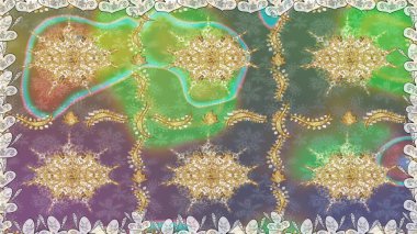 Klasik klasik klasik arka plan. Geleneksel oryantasyon süsü. Yeşil renklerde, altın elementlerle kusursuz desen. Kusursuz klasik raster altın desenli.