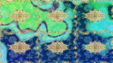 Raster geleneksel oryantasyon süsü. Klasik altın desenli çizim. Altın elementlerle mavi renklerde altın desen.