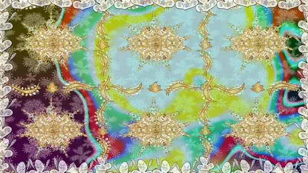 Tekrarlayan elementlerle soyut arkaplan oluşturun. Kusursuz damaske klasik altın desen. Tarafsız renklerde altın rengi ve altın elementler üzerinde altın pürüzsüz desen. Raster illüstrasyonu.