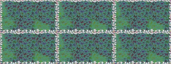 Moda Kumaşı Tasarımı. Elle çizilmiş illüstrasyon. Mavi ve yeşil renkli resimler. Şirin kelebeklerin kusursuz desenleri. Raster..